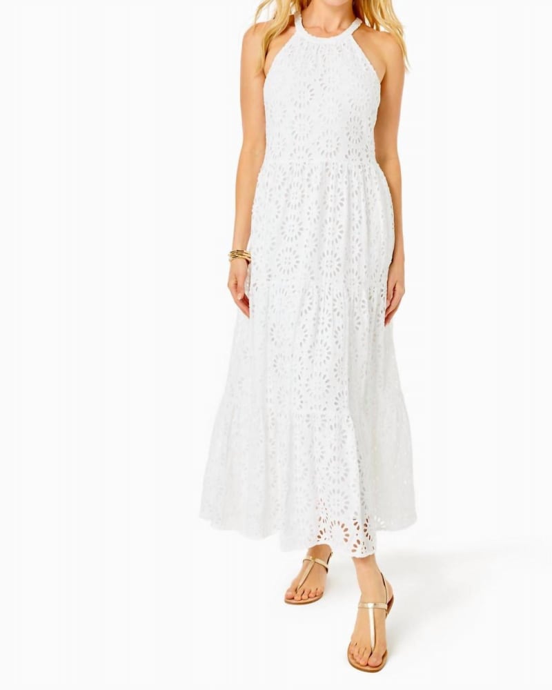 Front of a model wearing a size L Beccalyn Eyelet Maxi Dress in Resort White Oversized Pinwheel Rayon Eyelet in Resort White Oversized Pinwheel Rayon Eyelet by Lilly Pulitzer. | dia_product_style_image_id:339569